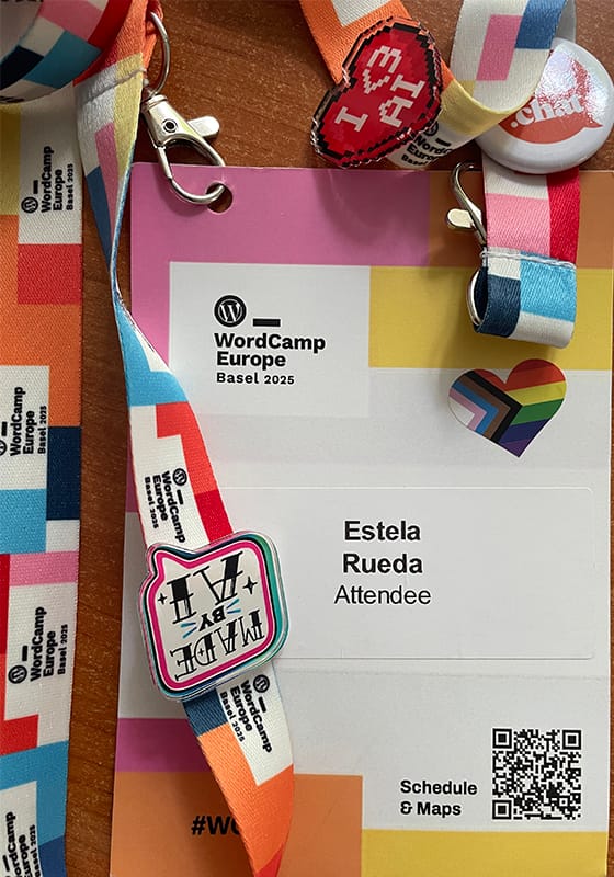 wordcamp europe 2025 badge for estela rueda, attendee